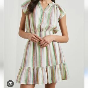 Rails Augustine Linen Blend Dress Size L Palais Stripe Pastel Smocked Tiered